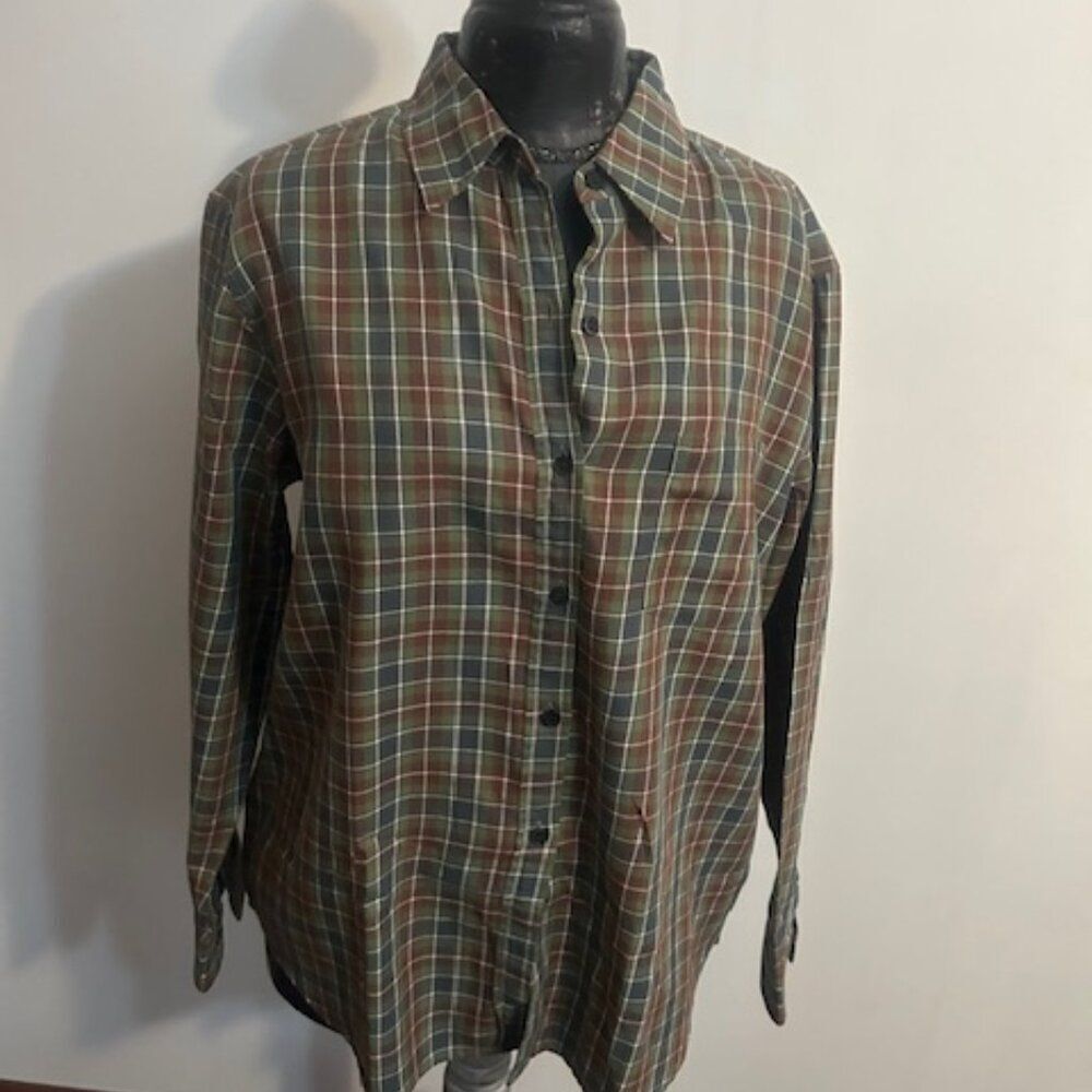 Evan Picone Plaid Green/Brown/White button-down shirt, size 14